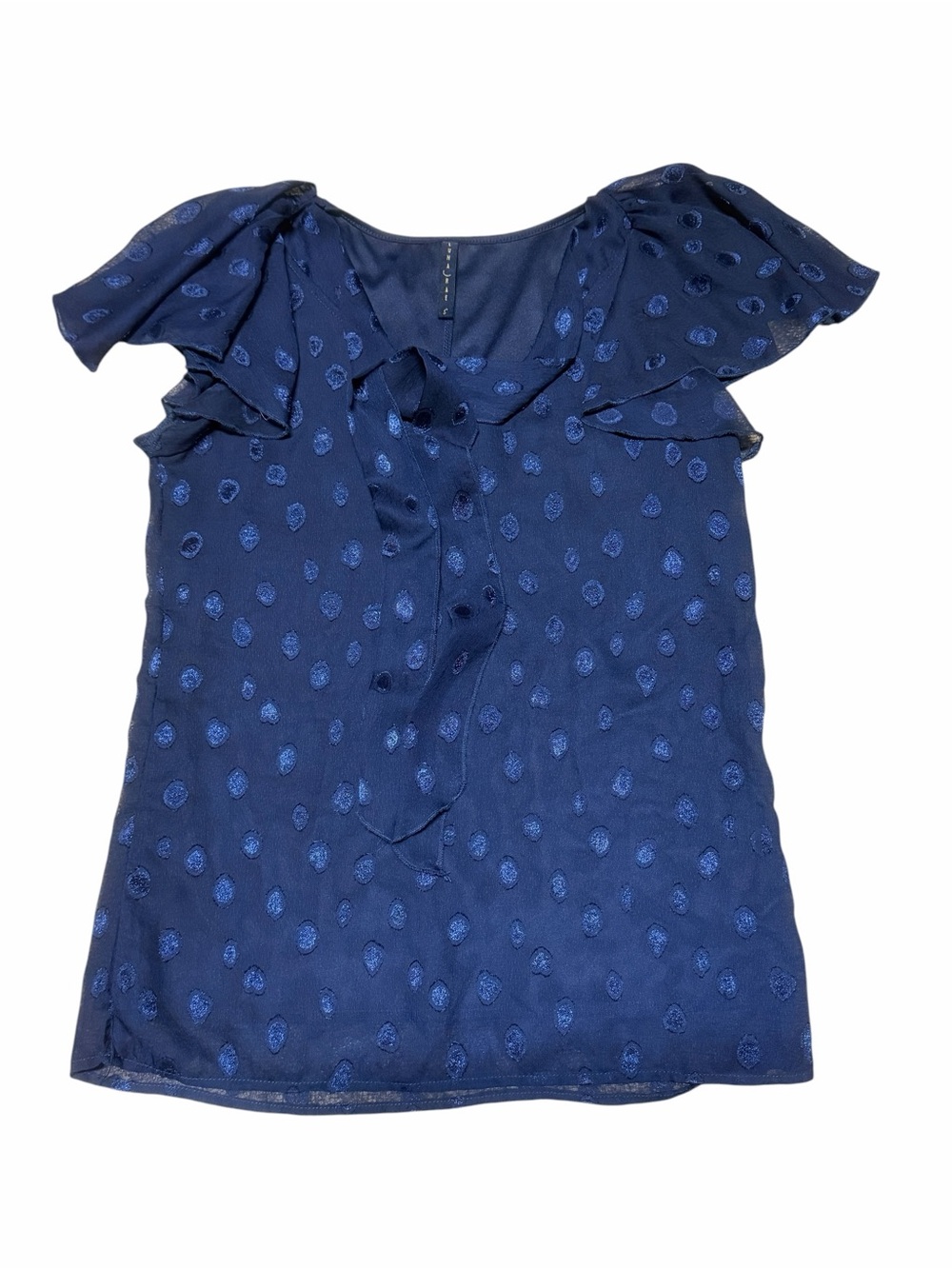 LUNA RAE Women's Navy Blue Polka Dot Ruffle-Sleeve Tie-Neck Blouse